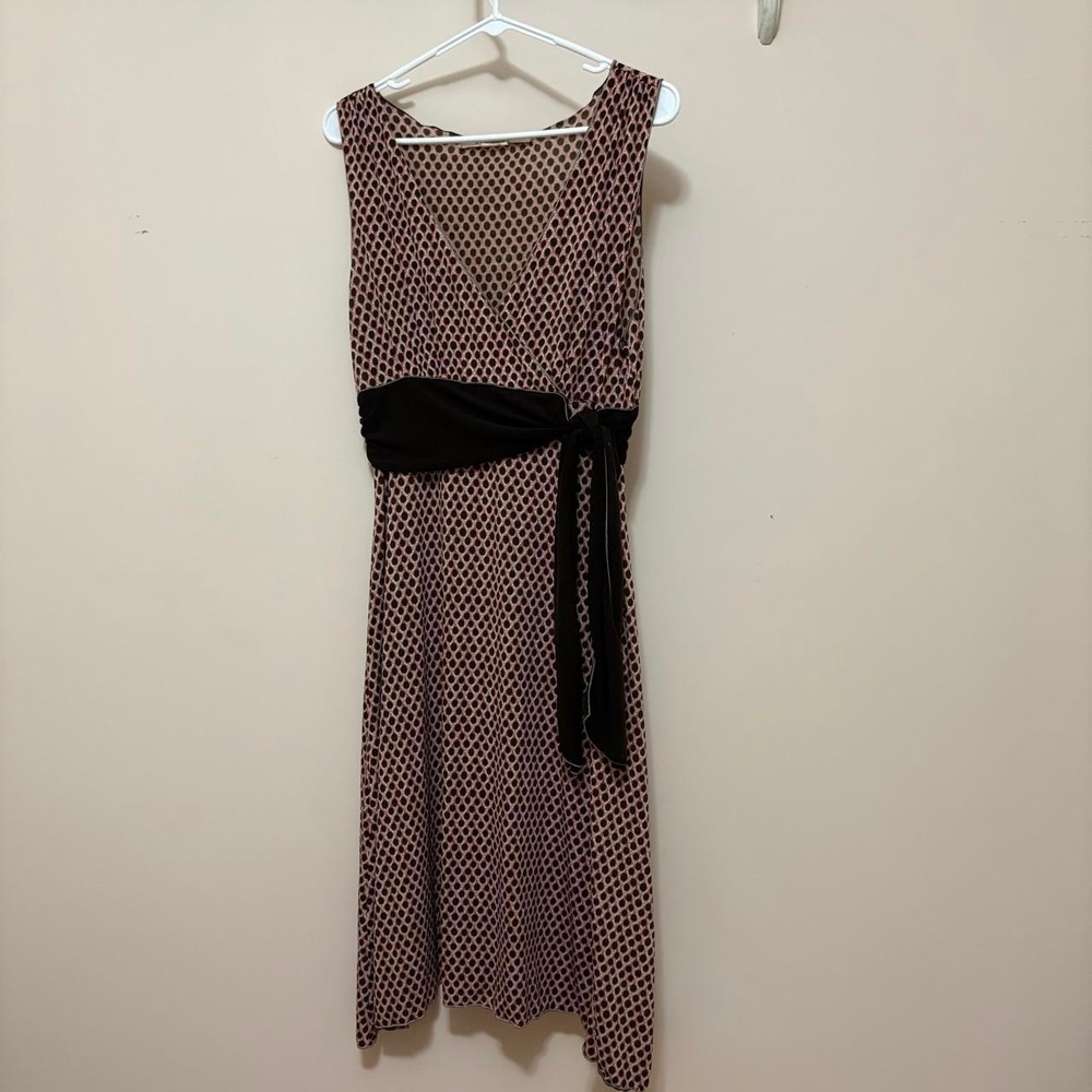 Y2K Max Studio brown and pinky polka dot midi dress with tie waist,